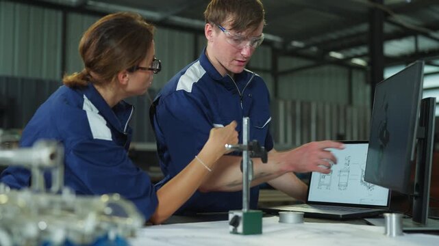 Two professionals examine blueprint&mdash;factory layout, robotics integration, computer review, structural and maintenance planning in office.
