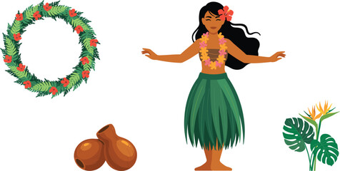 Hawaiian Hula Dancer Woman Character Vector Set with Flower Lei, Grass Skirt, Wreath, Ipu Gourd Drums, and Tropical Foliage Elements © MbBasir
