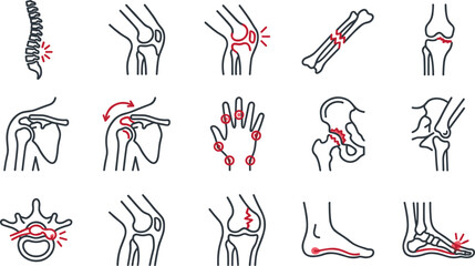Orthopedic and Joint Pain Line Icon Set with Bone Fractures, Spine Damage, Arthritis, and Rheumatology Symbols for Medical Informational Materials