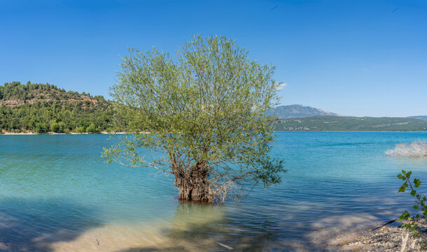 Sainte-Croix-du-Verdon, France - 07 05 2026: Panoramic view of the Lake Sainte-Croix, beach, hills and forests in sunny blue sky