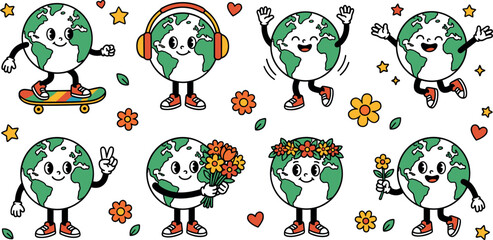 Retro vintage cartoon planet earth character collection set vector illustration featuring cute happy globe mascots with headphones skateboard flowers and stars for ecology design © Sumaiya Akter Sweety