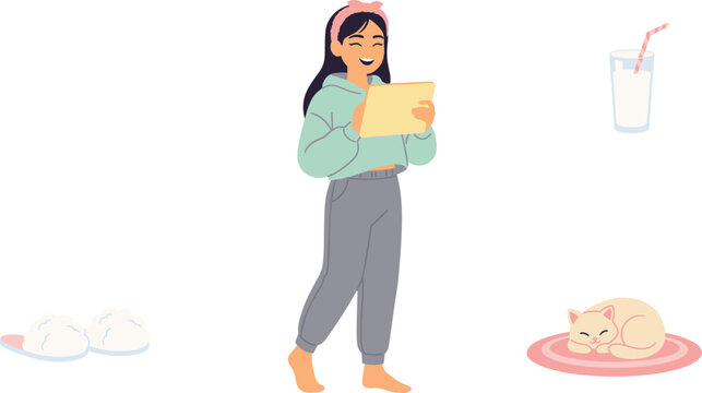 Young Woman Character Using Digital Tablet Vector Set with Fluffy Slippers, Glass of Milk, and Sleeping Cat Elements for Home Lifestyle Designs