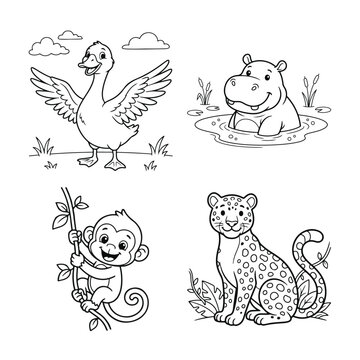 Set of cute wild animals for coloring book featuring a goose hippo monkey and a leopard