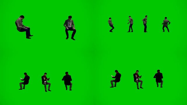 3d animated cartoon animation people sitting and standing on green screen chromakey background. Mixed animated characters in relaxed positions creating natural resting crowd perfect for public sp