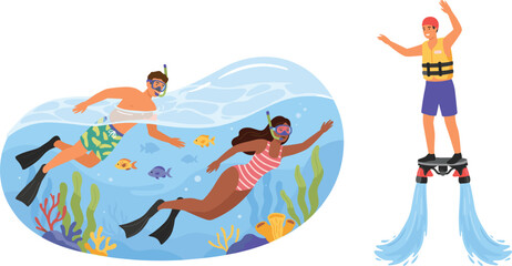 Flat Vector Illustrations Of People Snorkeling Underwater And Riding A Flyboard © Mominul