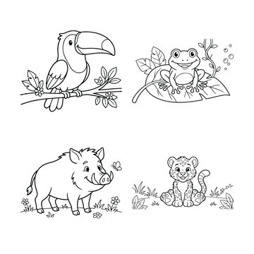 Set of cute wild animals for coloring book featuring a toucan frog wild boar and lion cub