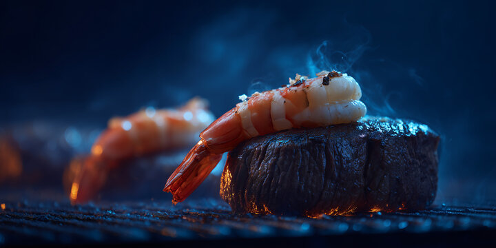 A delicious gourmet dish featuring a succulent shrimp placed on a perfectly grilled steak, both sizzling on a barbecue grill with a dark, smoky background.