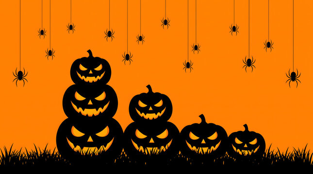 Halloween background with a stack of jackolantern pumpkins and hanging spiders on an orange backdrop