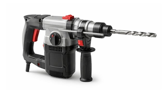 Powerful rotary hammer drill with drill bit, isolated on white