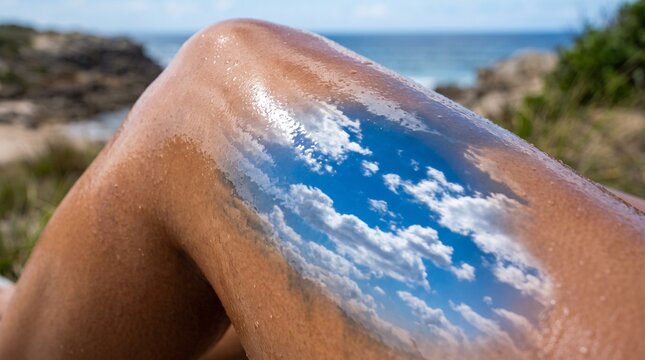 Macro photo of woman's oiled leg reflecting sky showing woman's features showing delicate skin pores natural beauty details and high-resolution skin texture with professional studio lighting