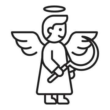 Angel with halo and wings holding a sharp sickle for harvest representing biblical judgment or the end of times in a simple graphic outline style