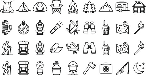 Camping and Outdoor Adventure Outline Icon Set Featuring Tent Backpack Campfire Hiking Navigation Survival Equipment and Nature Travel Essentials Collection © Minara