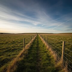 Obraz premium Boundary line of a large, undeveloped parcel of land marked by a sturdy wire fence extending across the landscape ,extending ,long ,temporary