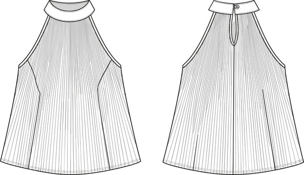 Women's pleated halter neck top technical sketch fashion flat drawing apparel design template vector illustration