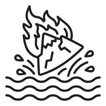 Biblical illustration of a burning mountain falling into the sea with large splashes representing a prophetic apocalypse or catastrophic doomsday event in outline style vector
