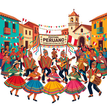 Back to school Peruvian cultural festival vector illustration, traditional Peru dancers in colorful folk costumes, festive street parade with flags and music isolated on White Background EPS