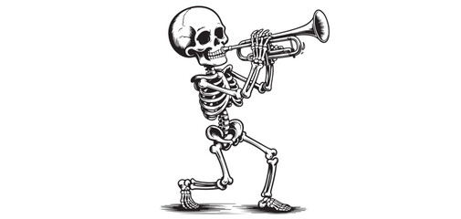 Skeleton Playing Trumpet Cartoon Character Hand Drawn Black and White Vintage Illustration Isolated on White Background vector illustrator eps10 © LATIF