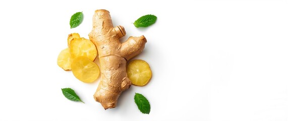 Fresh Ginger Root with Lemon Slices and Mint Leaves Isolated on White © Cyber Shutter