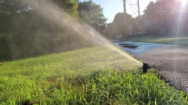 Backyard Lawn Sprinkler Spraying Water on Green Grass at Sunset. Real-time footage of an automatic sprinkler watering a vibrant green suburban lawn during golden hour. Backlit fine mist and water drop