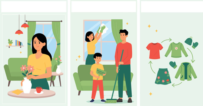 Family Cleaning and Home Organizing Vector Banner Set featuring Household Chores, Room Decoration, Window Washing, and Seasonal Clothes Sorting Infographic Layouts