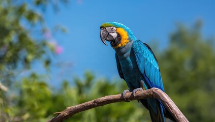 Blue and Yellow Macaw Perched on a Branch with a Clear Blue Sky Background © Holo Frame