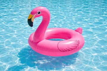 Pink Flamingo Inflatable Swim Ring Floating in Blue Swimming Pool Water © Holo Frame