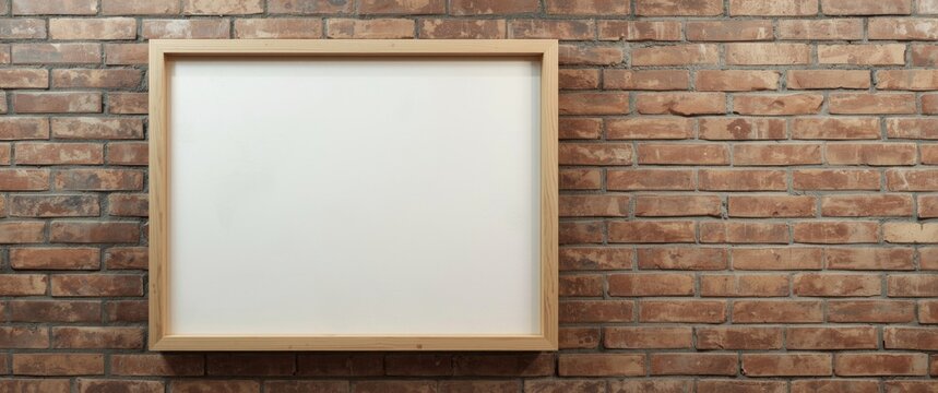 Wooden Frame Empty Canvas on a Brick Wall in Warm Light