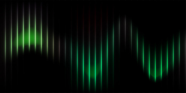 Abstract green sound wave on black background, digital audio frequency equalizer bars, glowing neon light pulse for music production and technology