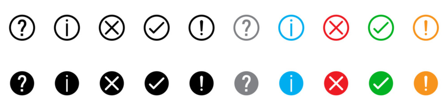 Status Icons Set &ndash; Help, Information, Error, Success and Warning Symbols in Monochrome and Color Circle Style UI Vector Collection for Web and Mobile Apps Isolated on Transparent Background