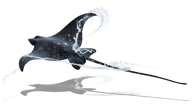 Spotted eagle ray gliding gracefully with shadow cut out isolated on white background. AI Generated.
