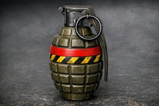 A green grenade with a red band wrapped around it, ready for use