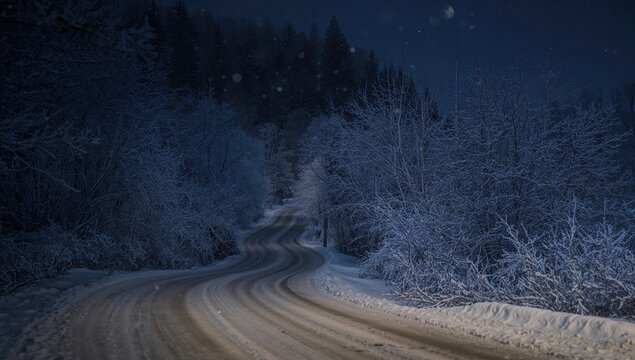 Winding Snowy Road Through a Winter Forest at Night