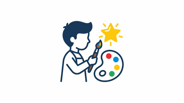 Young artist holding a paintbrush and a color palette next to a star symbol representing creativity and art
