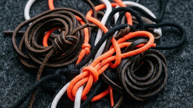 Several colorful braided cords are tangled on a dark textured surface.