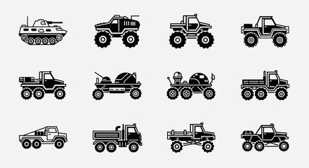 Black and white silhouette icons of heavy industrial off-road vehicles and specialized trucks for modern transportation concept design projects © Mewtwo