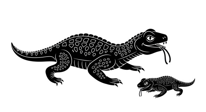 Stylized black and white lizard illustration featuring two patterned reptiles with forked tongues on a plain background for graphic design use