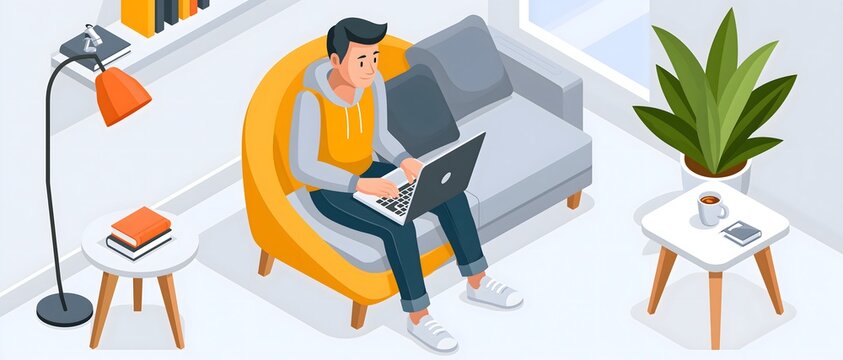 isometric vector illustration of freelancer working on laptop from home office, modern productivity concept, premium commercial illustration