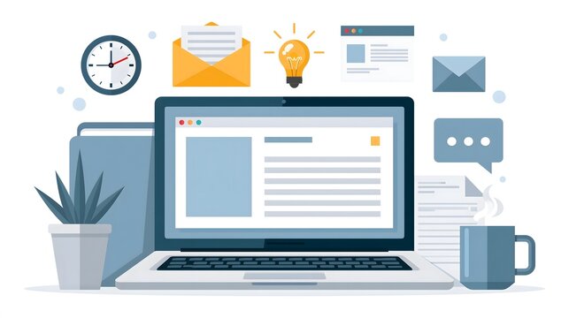 flat vector illustration of online business workflow with laptop, digital communication and productivity tools, editorial style