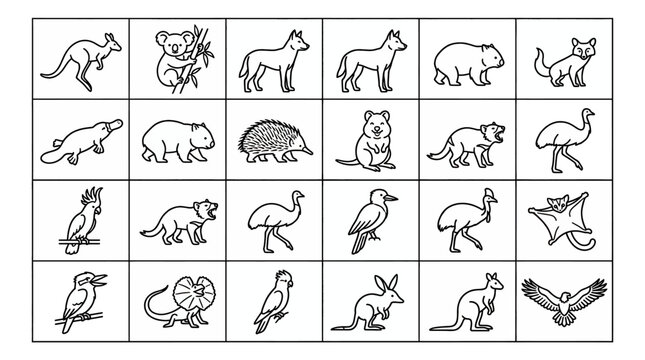 Collection of various cute Australian wildlife animal icons and silhouettes set including koala, kangaroo, emu, platypus, and wombat in simple black and white line art outline style