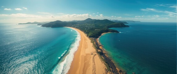 Obraz premium Aerial View of a Serene Beach with Clear Blue Waters and Lush Green Hills