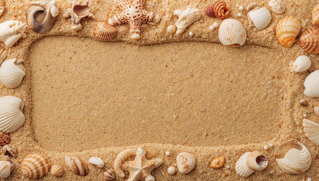 Seashells and Starfish Decorated Sand Frame - Top View, Coastal Vibe, Neutral Colors