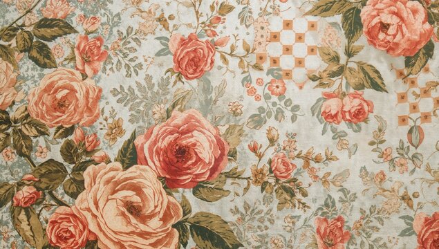Vintage Floral Pattern with Pink and Coral Roses on Light Background
