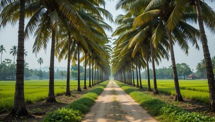 Fototapeta premium Scenic Tropical Coconut Palm Tree Lined Country Road Through Lush Green Agricultural Fields Under Blue Sky, Peaceful Rural Landscape with Coconut Plantation, Natural Countryside Environment, Eco Farmi