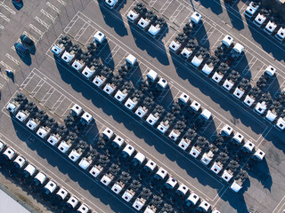 Top down aerial view of symmetrical rows of semi truck cabs lined up © Liam Carter