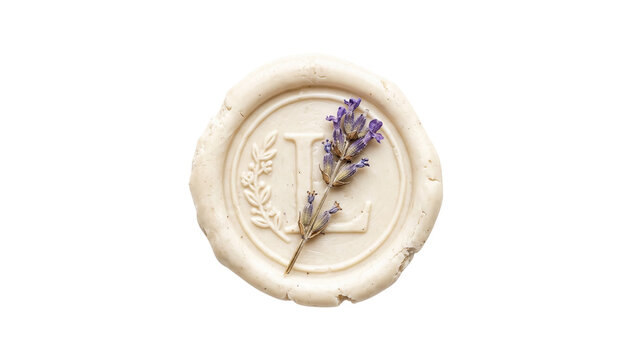 Circular wax seal with initial L and delicate lavender sprig, antique design for letters and documents on transparent background