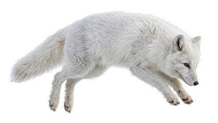 Fototapeta premium A swift arctic fox captured mid-leap, displaying its pure white winter coat and agile movements, a classic hunter of the frozen tundra