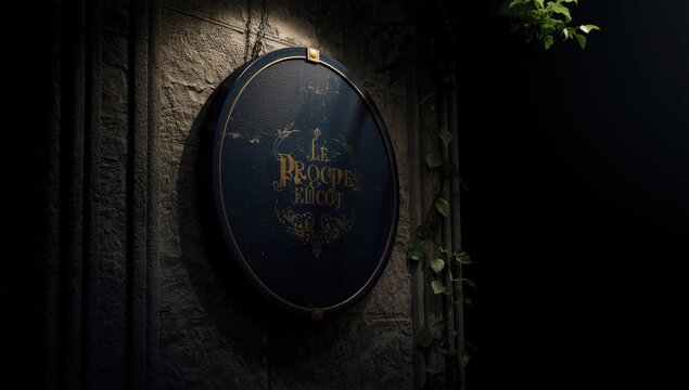 VintageStyle Dark Blue Oval Sign With Gold Engraved Lettering On Stone Wall