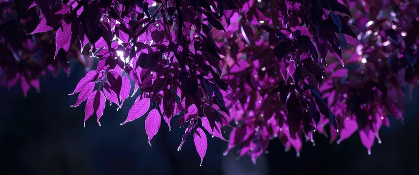 Purple Leaves with Water Droplets Under Soft Light