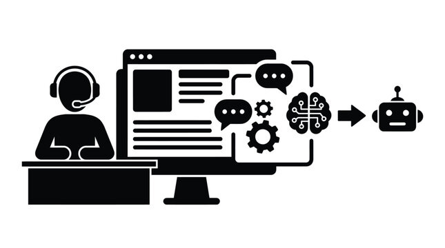Black vector graphic illustration showing a customer support agent using artificial intelligence on a computer