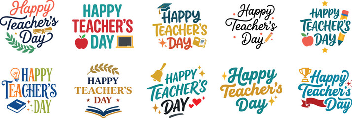 Happy teachers day colorful hand lettering typography set with school supplies icons © Milon Store